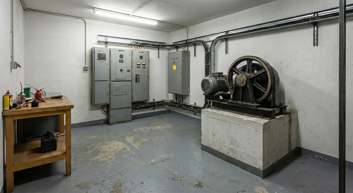 Modernizasyon öncesi eski asansör makine dairesi